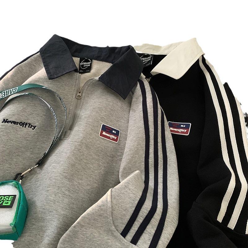 Мужской японский ретро серый поло-свитшот на молнии до половины - Куртка с длинным рукавом на весну/осень