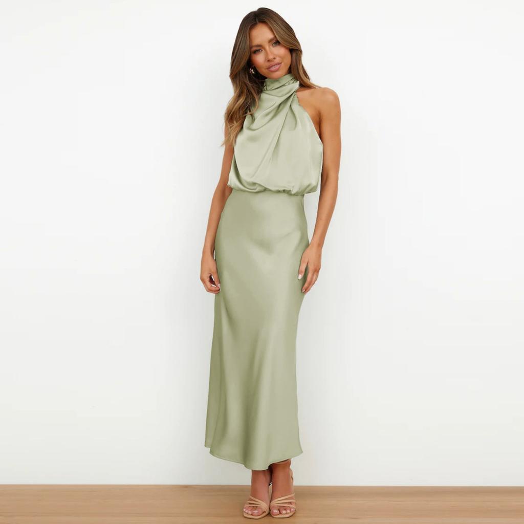 Женские коктейльные платья без рукавов с воротником-стойкой и эластичной резинкой на талии для вечеринки, свадьбы, для гостей, атласное платье средней длины с высоким разрезом