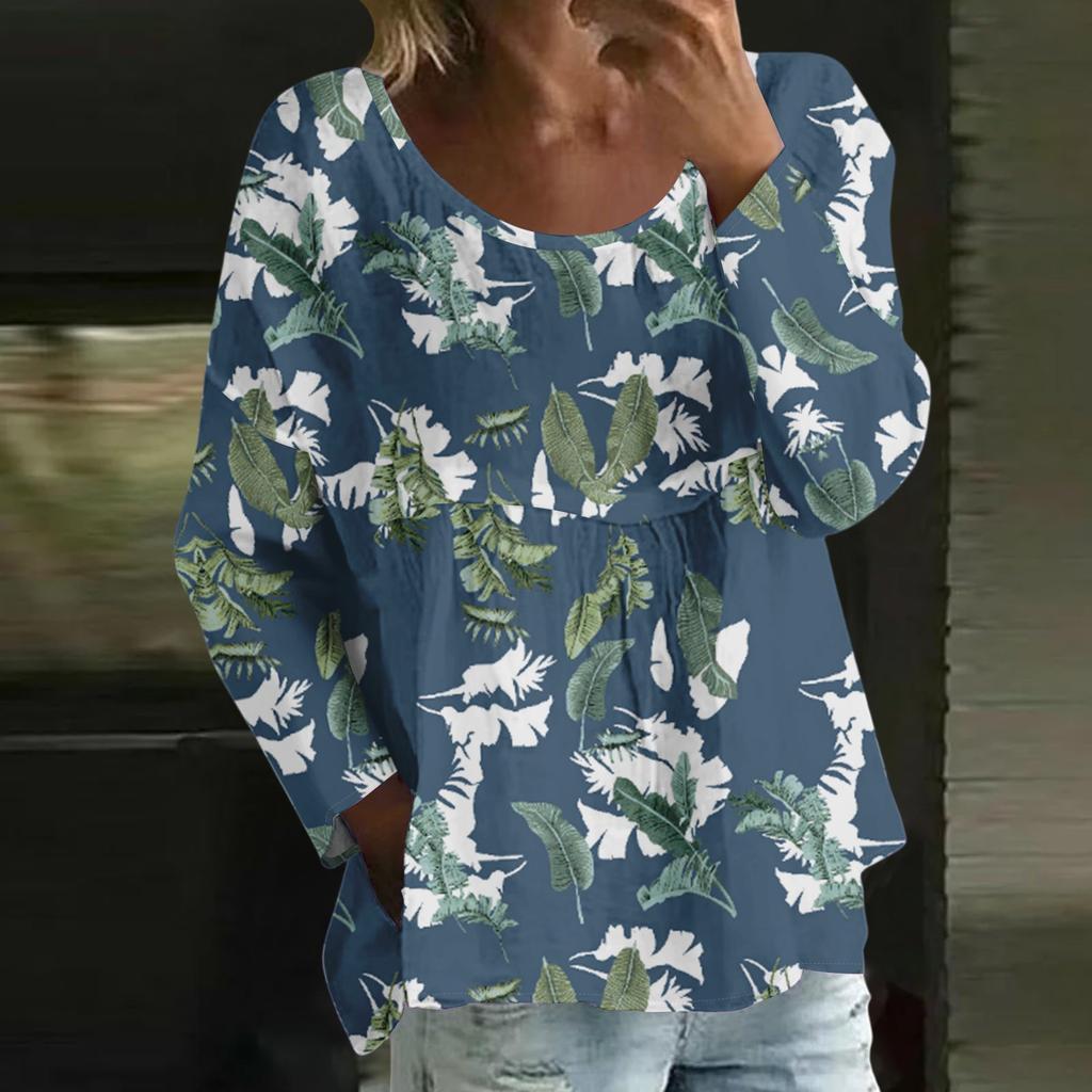 Женский повседневный модный свободный топ с круглым вырезом и цветочным принтом, с длинным рукавом