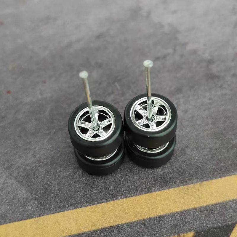 1Set 9.8mm 1/64 Alloy Car Wheels TE37 5-Blades Rubber Tires 10mm Tyres Rim for Hot Wheel/Matchbox/Domeka 1:64 Model Cars