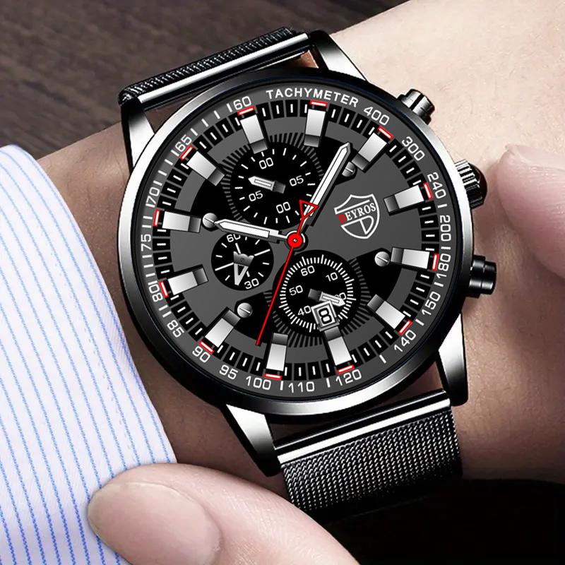 3pcs/set 1pc Fashion Men's Casual Stainless Steel Mesh Band Quartz Watch & 1pc Bracelet & 1pc Necklace