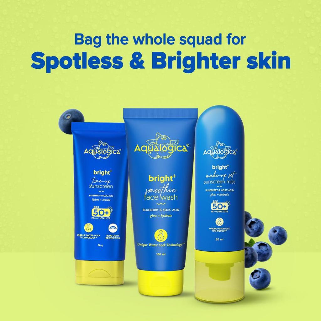 Aqualogica Bright+ Набор для макияжа Солнцезащитный спрей SPF 50+ PA++++ Ультратонкий Быстросохнущий Спрей для фиксации макияжа 80 мл