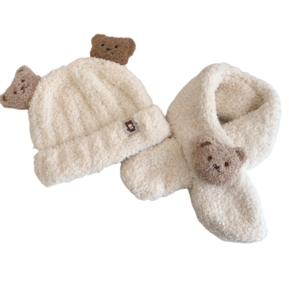 Korean Style Bear Scarf Hat Set Cute Kids Crochet Hat Children's Ear Protection Hat Outdoor