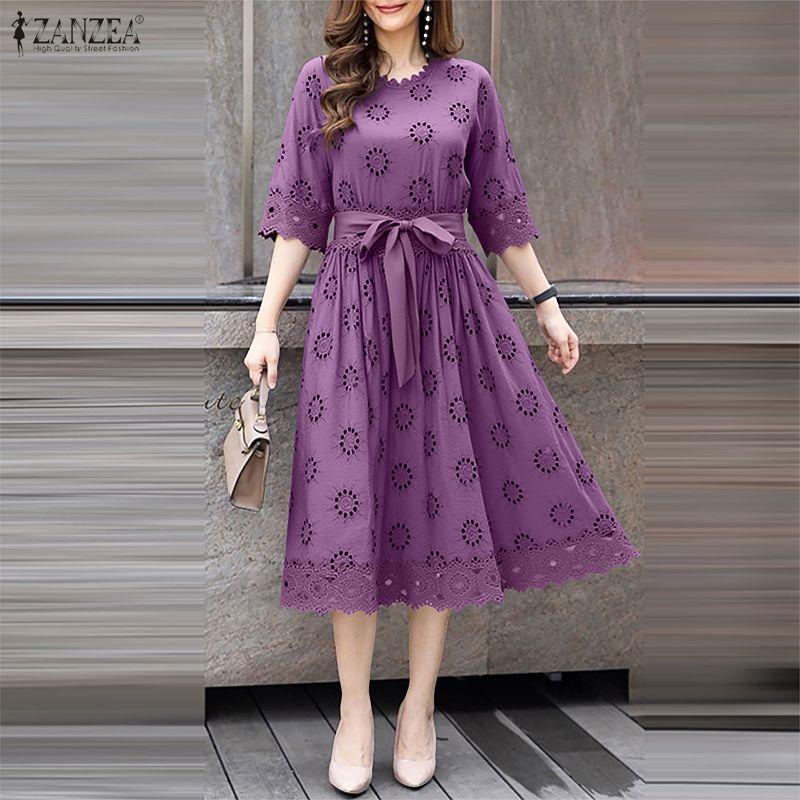 ZANZEA Женское повседневное платье с круглым вырезом, рукавом 3/4, свободное, лоскутное, с кружевом