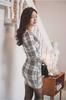 Village Gingham Check Tight Long Size 342 H&T Women's Dress, Fit, Stretch, Sleeves, (M, White)