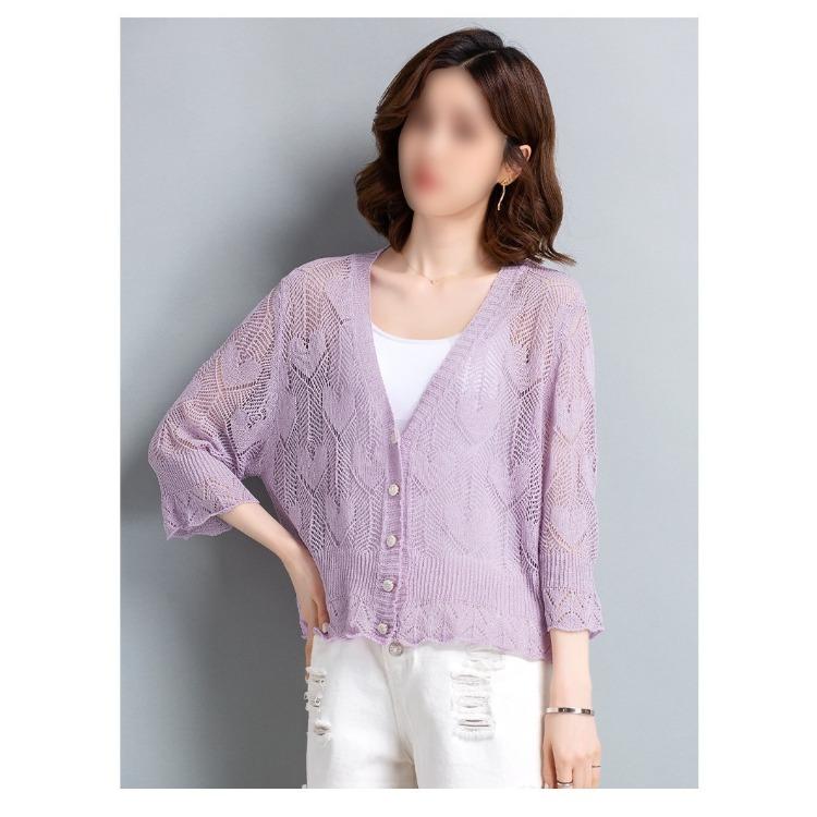 Летняя короткая куртка с тонкой шалью и ажурной рубашкой с кондиционером, вязаный кардиган из ледяного шелка для женщин