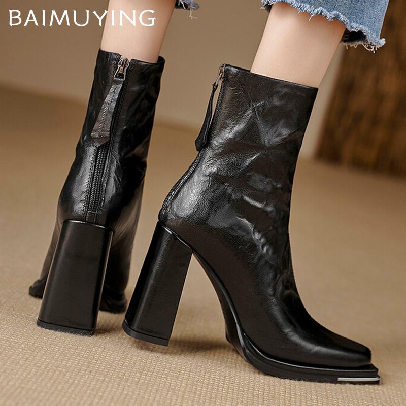 Женские зимние ботильоны на очень высоком каблуке с квадратным носком, сексуальные туфли из кожи, массивные модные ботинки 2024 года, зимние туфли-лодочки Botas Mujer