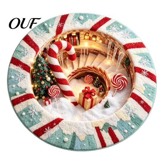 Winter Holiday Floor Covering 3D Optical Illusion Round Christmas Rug, Cute Santa Claus Crystal Velvet Mat, Mat Vivid Printed Circular Carpet