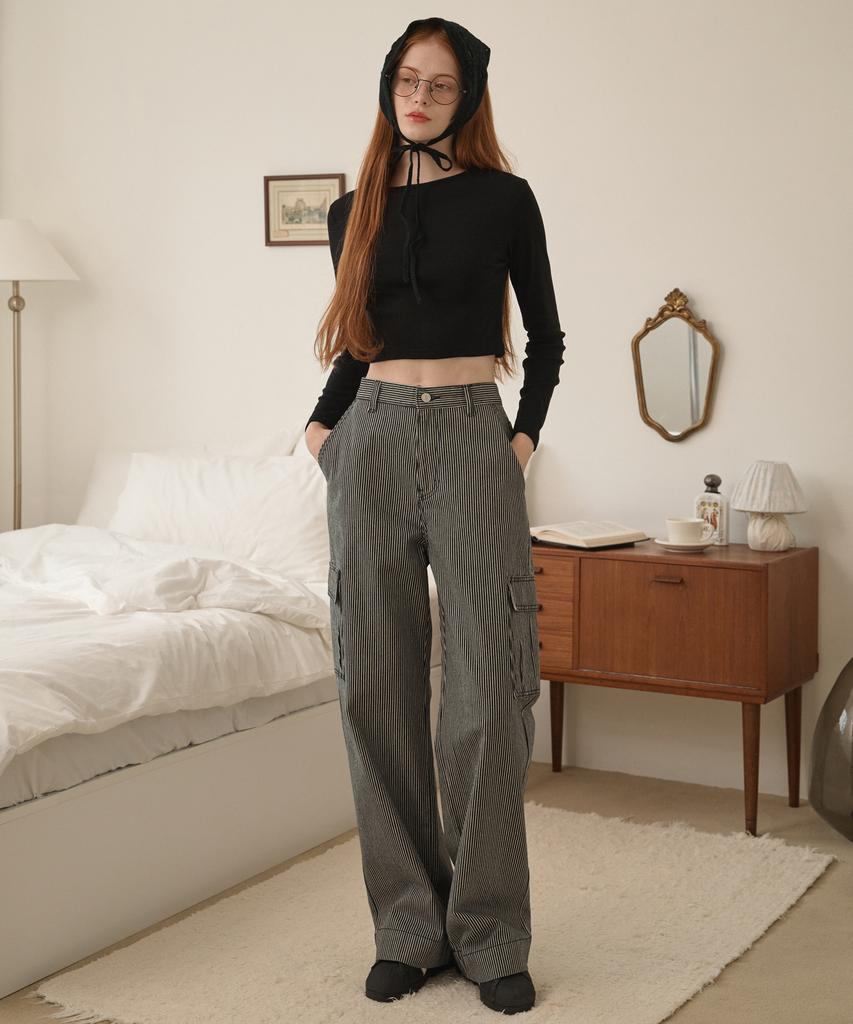 LOSSYROW Stripe Washed Cargo Denim Pants Black
