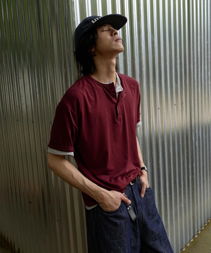 MOOD INSIDE Tencel Layering Henley Neck Half Tee_Wine