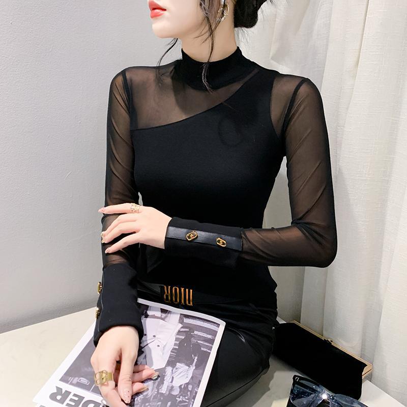 Весенняя новая сетчатая черная универсальная модная базовая рубашка, облегающий топ с длинными рукавами для женщин