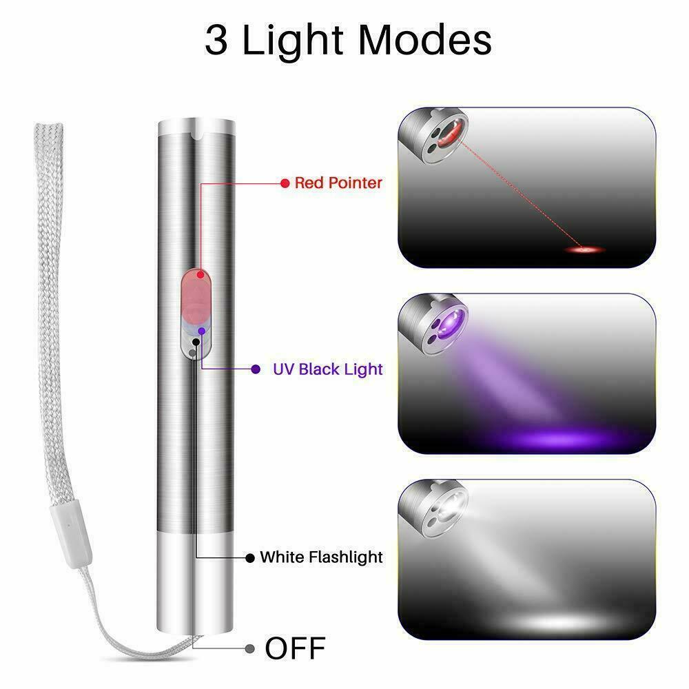 Mini 3 In 1 Cat Laser Pointer Toy USB Rechargeable Flashlight UV Light