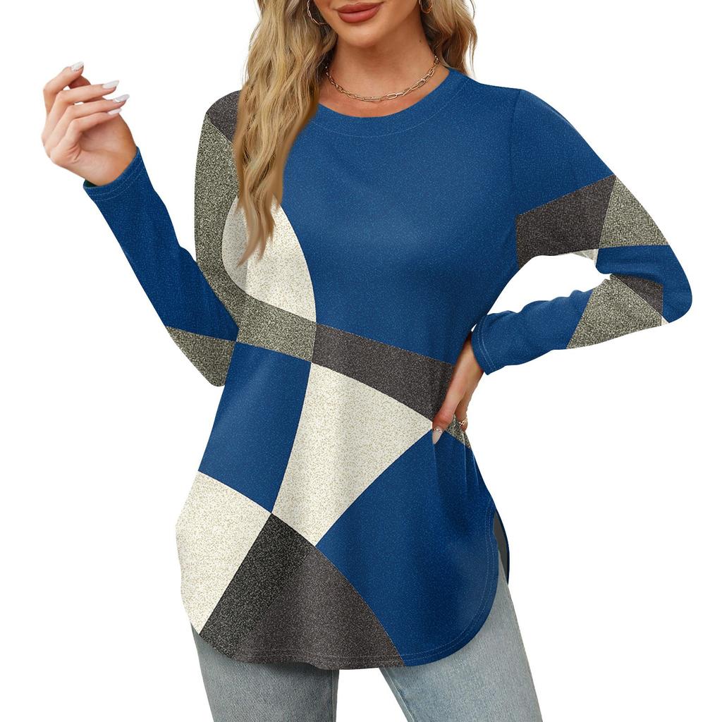 Женские рубашки с длинным рукавом и круглым вырезом, базовые свободные туники с боковым разрезом, повседневные рубашки с цветочным принтом