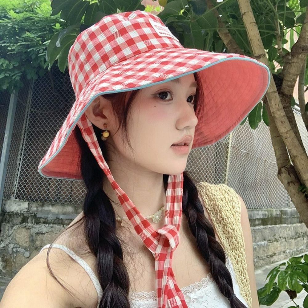 Sunscreen Hiking Fisherman Hat Big Brim Plaid Hiking Cap Fashion Drawstring Sun Hat Fishing