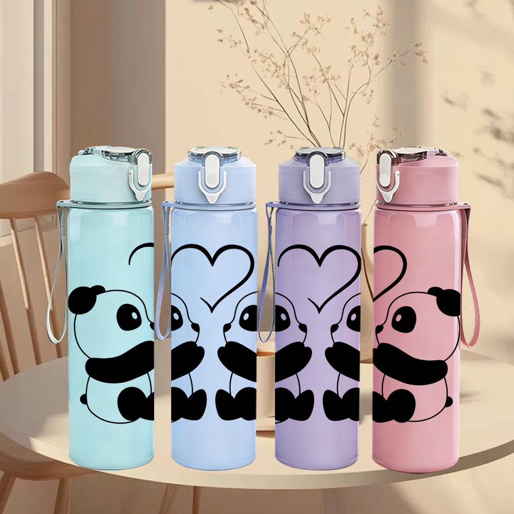 1PC Twin Panda Hug 750ml Color Plastic Sports Water Bottle Leakproof Flip Straw Lid Suitable for Sports Office Home Use