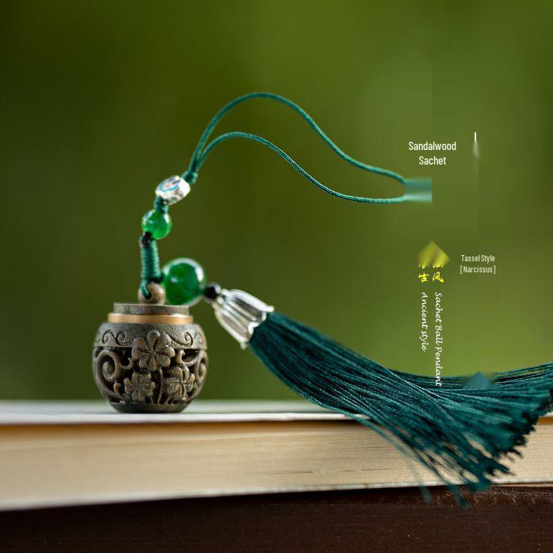 Vintage Green Sandalwood Tassel Pendant Sachet with Hollow Qipao Lapel Design