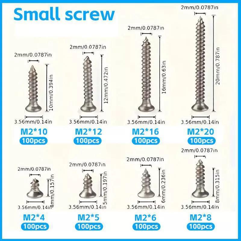 800Pcs Self Tapping Wood Screws Set, M2 Flat Head Sheet Metalscrew, Self Tapping Screws Assortment Kit