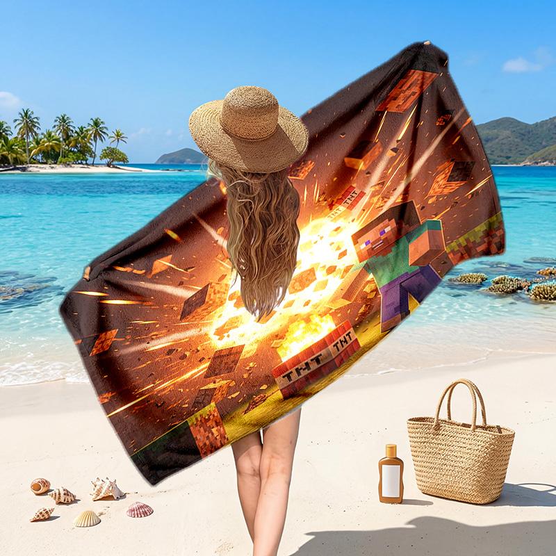 Minecraft Printed Swim Towel, Portable Water Absorbent Towel for Beach Camping Daily Bathroom Use