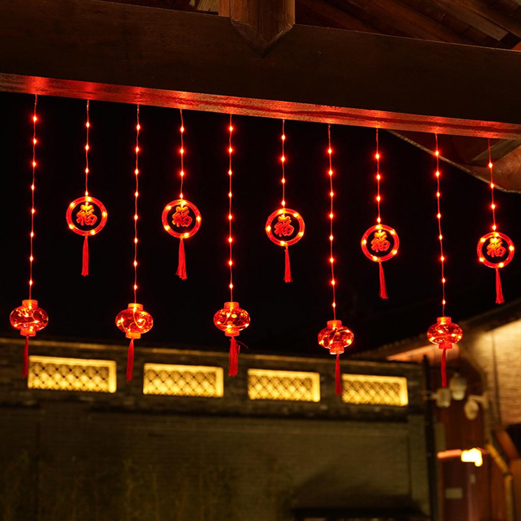 LED Chinese New Year Spring Festival Light String with Chinese Lucky Word and Lantern Pendants for Chinese Traditional Festivals