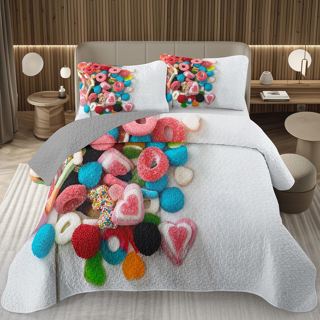 Сладкий Конфетный Комплект Квилтов для Девочек Мальчиков Подростков, Комплект Покрывал на Кровать на Тему Леденцов Кинг Десертное Стеганое Покрывало Мультяшный Стиль Покрывало на Кровать