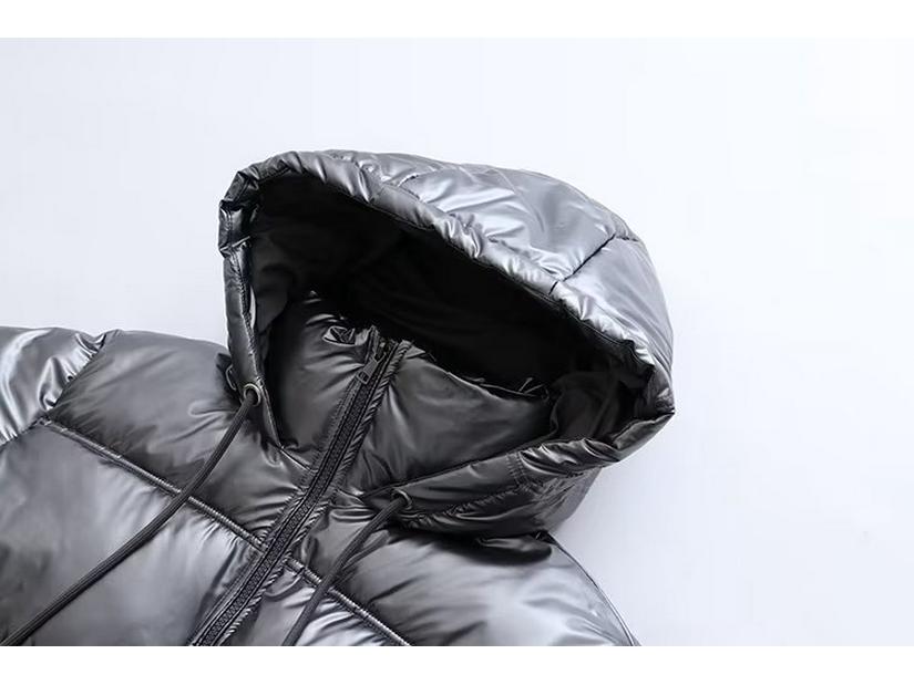 Женская серебристая атласная куртка с капюшоном 2023 года - европейско-американский стиль осень/зима