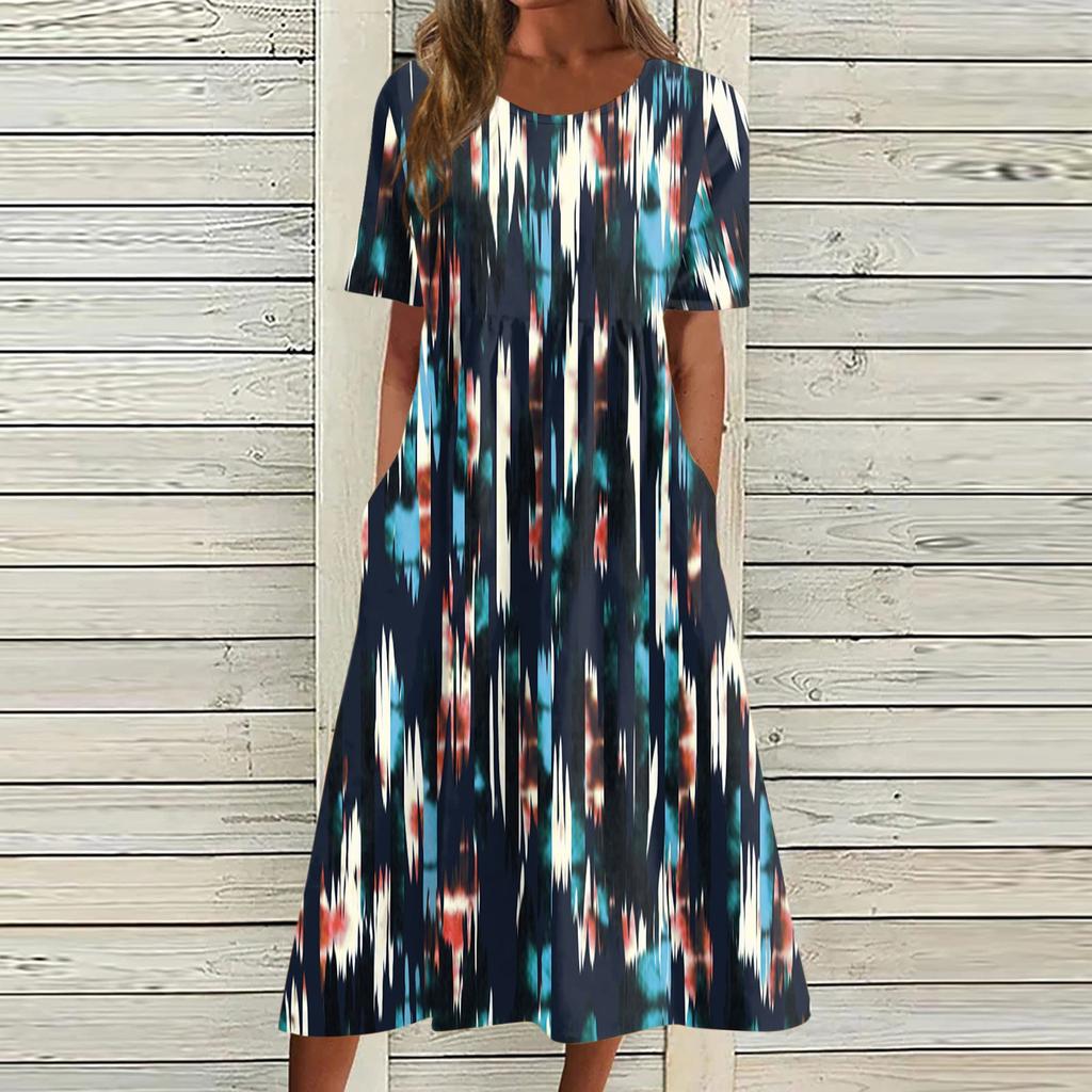 Жен. Повседневные платья Платья с принтами Летние платья С принтами Плиссированные платья-миди с круглым вырезом Классический Классический На открытом воздухе Повседневные С короткими рукавами Свободные платья