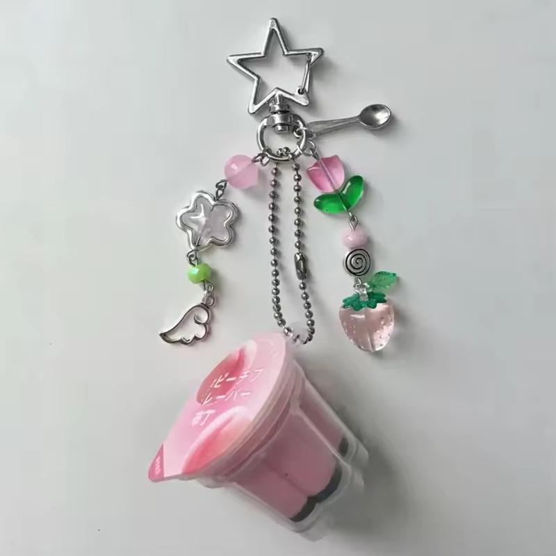 1 шт. Брелок в форме сердца, японский пудинг, розовый, желтый, шарм в виде яичного флана, Y2K, ретро эстетика, бисерный аксессуар