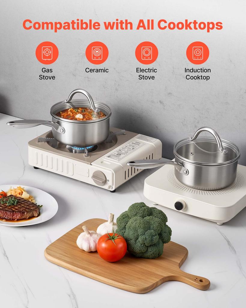 VEVOR 1.5 QT Saucepan, Stainless Steel Saucepan with Glass Lid, Multipurpose Nonstick Stainless Steel Small Cooking Sauce Pot with Ergonomic Handle