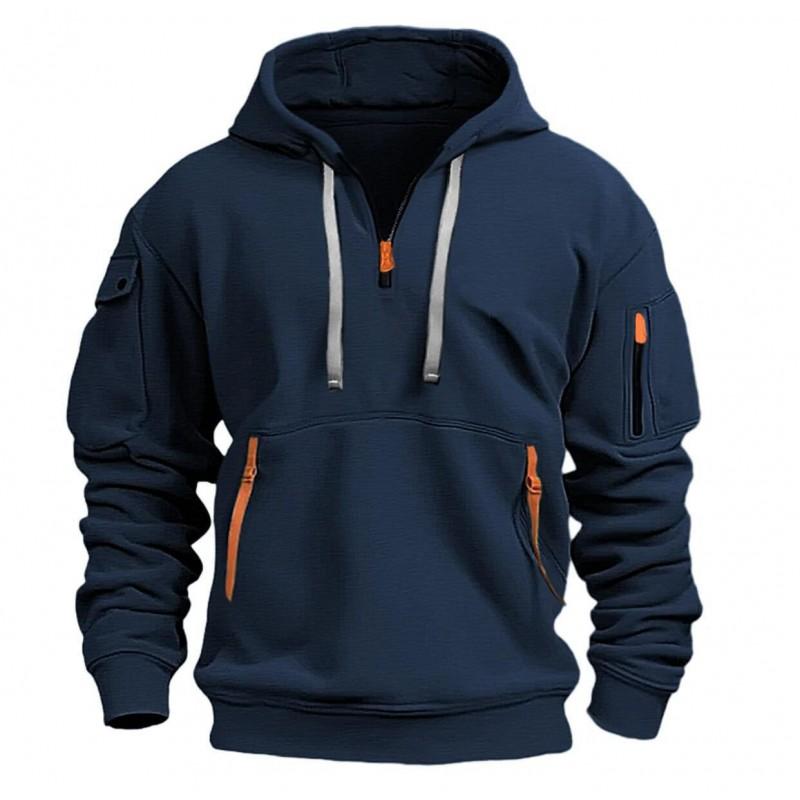 Mens Hooded Zip-Up Sweatshirt With Multiple Pockets Lightweight Cotton Blend Casual Sportswear Winter