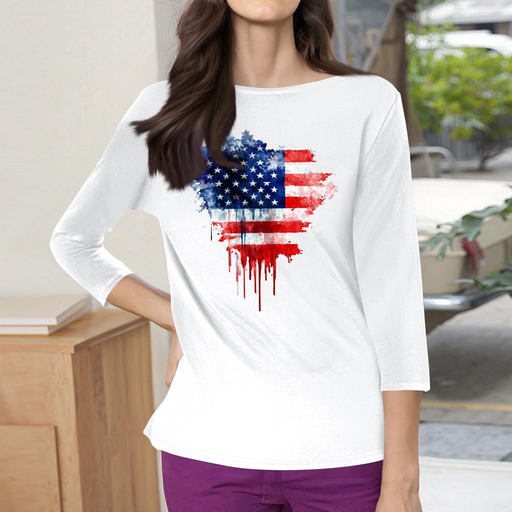 3/4 Sleeve Tops For Women T-Shirt Casual Print Tops T Shirt Round Neck Pullover Blouse