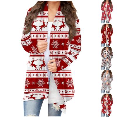 Осенние и зимние модели женской моды и отдыха с рождественскими принтами в длинном кардигане с капюшоном
