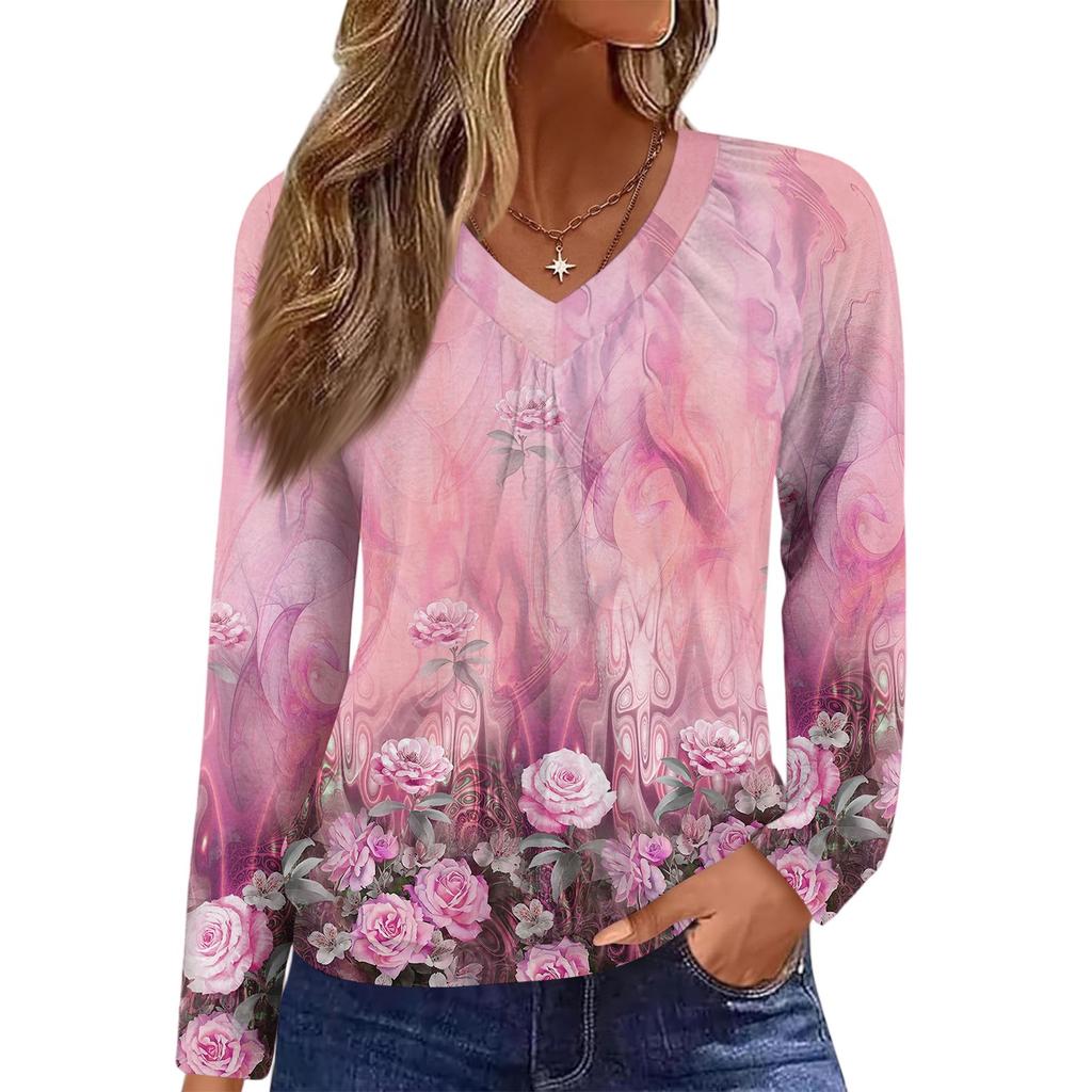 Женский повседневный модный топ с V-образным вырезом, рукавами реглан, плиссировкой и цветочным принтом, с длинным рукавом