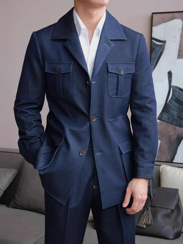 Мужская приталенная итальянская джинсовая куртка Ruishen - Классический воротник, Охотничья, Повседневная, Деловая верхняя одежда для осени/зимы