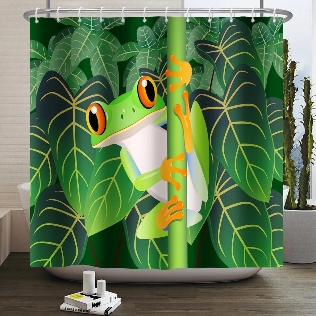 Funny Frog Shower Curtain for Bathroom Mushroom Butterfly Floral Green Plant Cartoon Animal Waterproof Polyester Shower Curtain