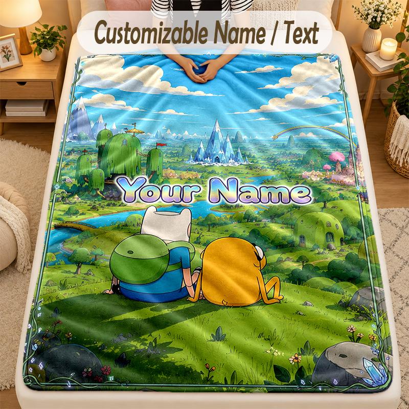 Flannel BlanketAdventure Time cartoon Custom Name Text Personalized Soft Warm Throw Blanket Home Decor Gift