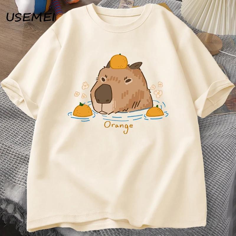 Капибара плавает с апельсинами Футболки Оверсайз Футболка Унисекс Хлопок Короткий рукав Мультяшное животное Футболка Круглый вырез Топ Одежда