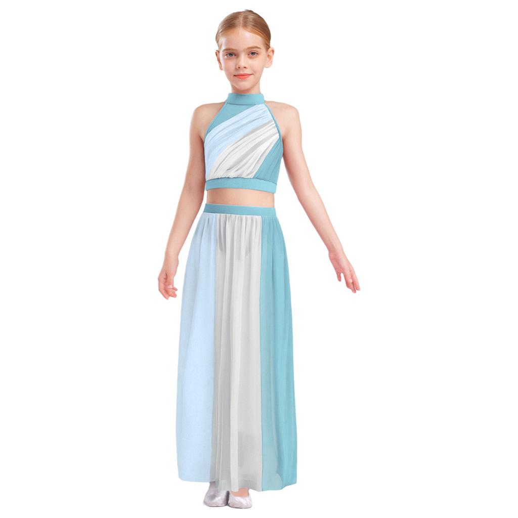 Костюм для лирического танца для девочек, кроп-топ без рукавов с цветными блоками, сборкой спереди и вырезом-капелькой сзади, летящая шифоновая юбка