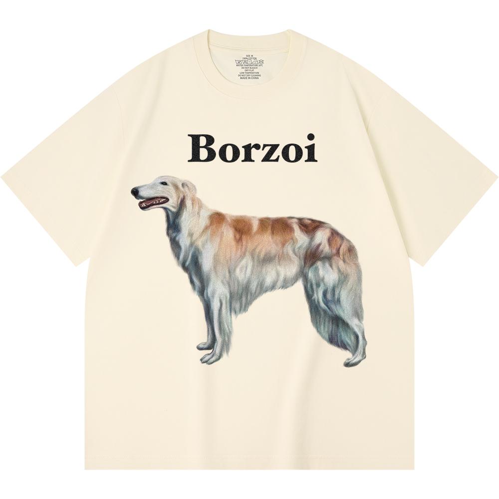 230GSM 100% Cotton T-Shirt Borzoi Print Tees Funny Harajuku Style Combed Cotton Tshirt