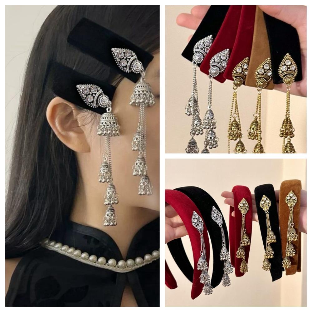 Retro Ethnic Style Hair Hoop Velvet Pendant Hair Clip Head Wear Tassel Bell Hair Band  Headwear