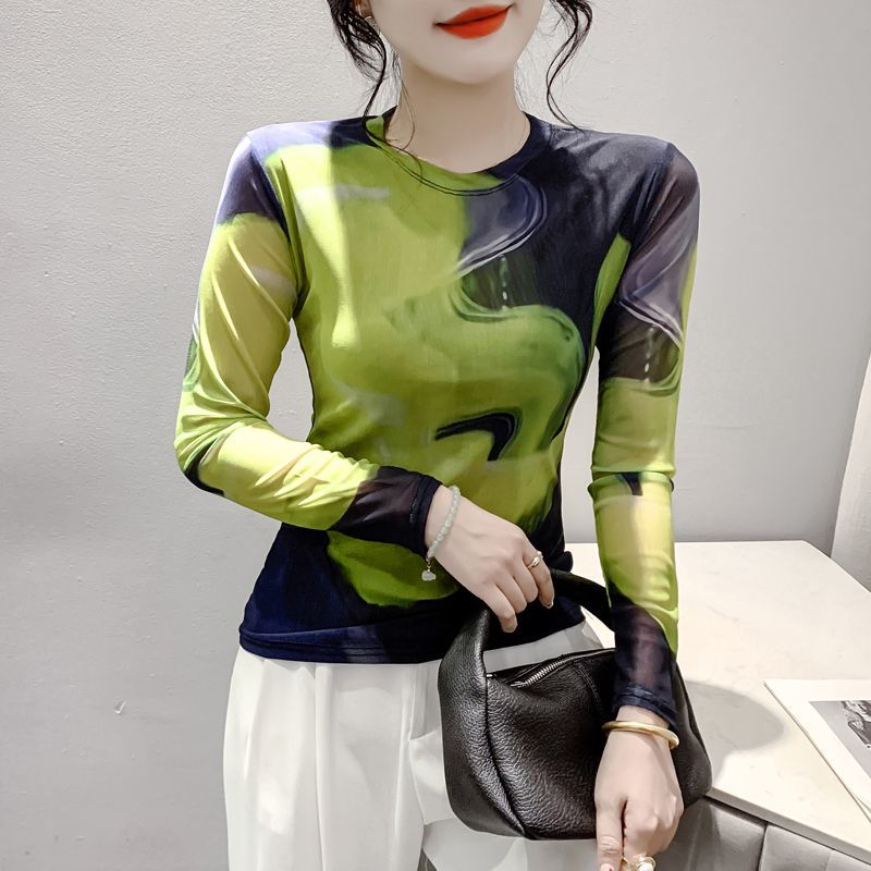Женская осенняя одежда с длинным рукавом, сетчатые топы, футболка с принтом и цветными вставками, модная осенняя одежда, базовая рубашка
