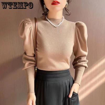 Свитер с полувысоким воротом и рукавами-пузырями, вязаный свитер для женщин на осень и зиму