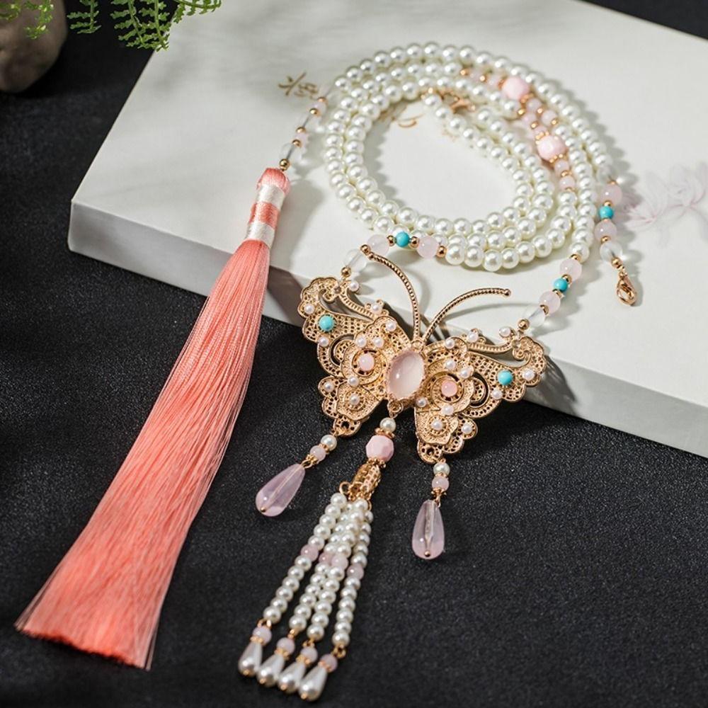 Retro Butterfly Necklace Fringed Chinese Style Necklace Pearl Pendant Necklace  Hanfu Costume