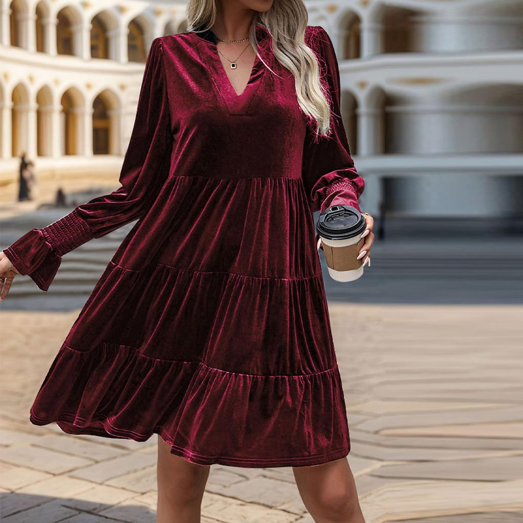 Женское бархатное платье с V-образным вырезом и длинными рукавами, однотонное