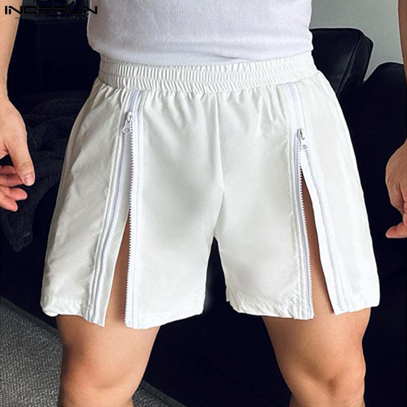INCERUN Men Elastic Waist Zipper Split Shorts Sport Homewear Mini Pants