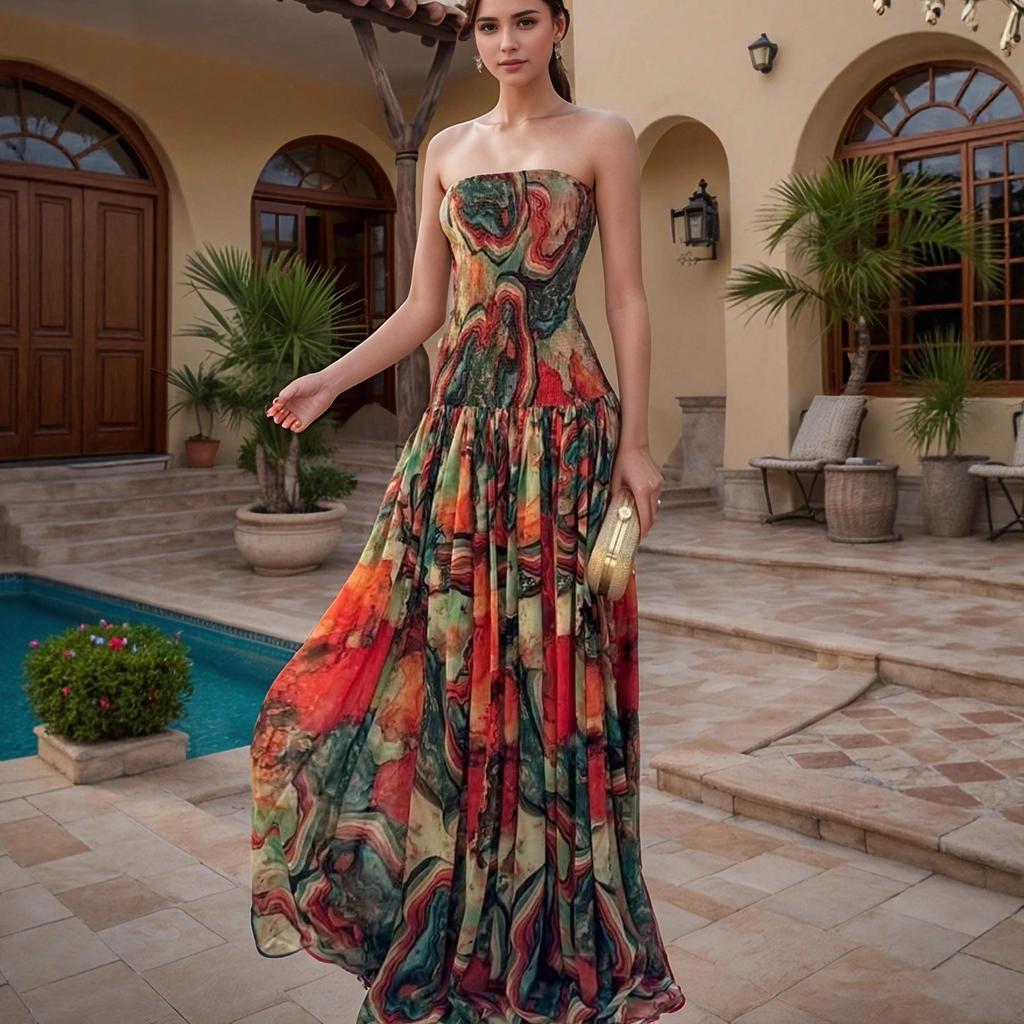 Женское strapless макси-платье с абстрактным принтом разных цветов, эластичная талия, струящееся длинное платье