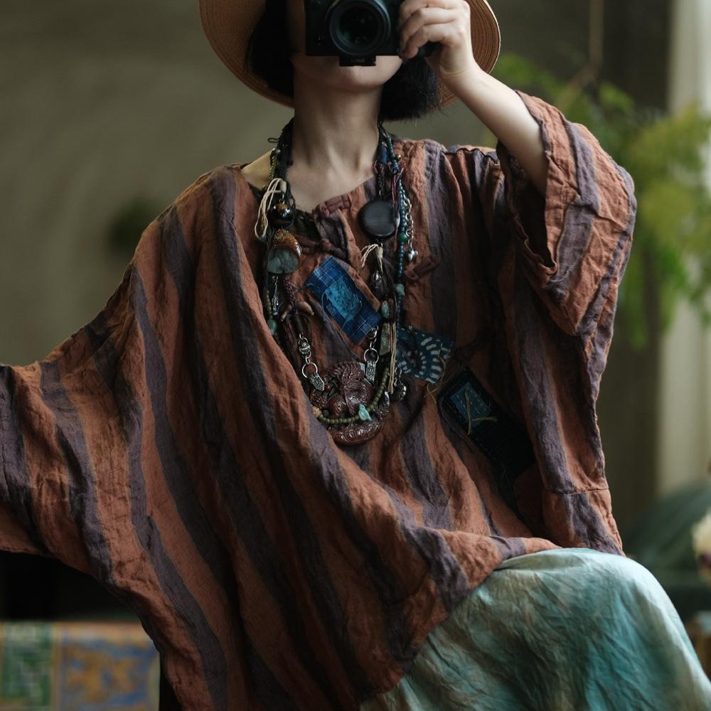 Johnature Vintage Women Striped T-Shirts Patchwork O-Neck Long Sleeve Autumn New Button Chinese Style Female T-Shirts