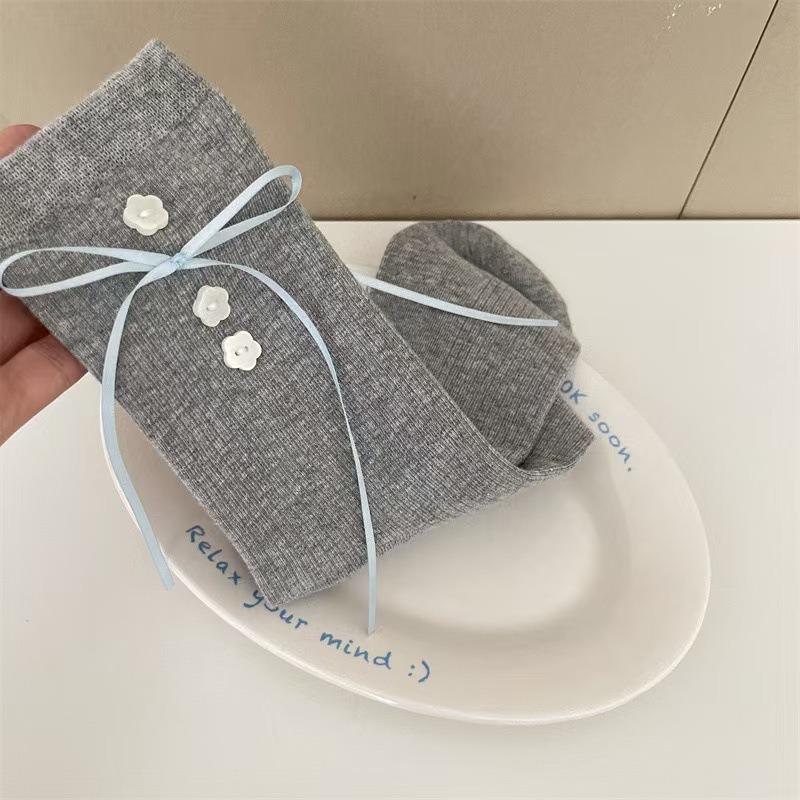 Grayish-blue Socks, Sweet Ribbons, Bows, Buttons, Autumn and Winter Piles of Socks
