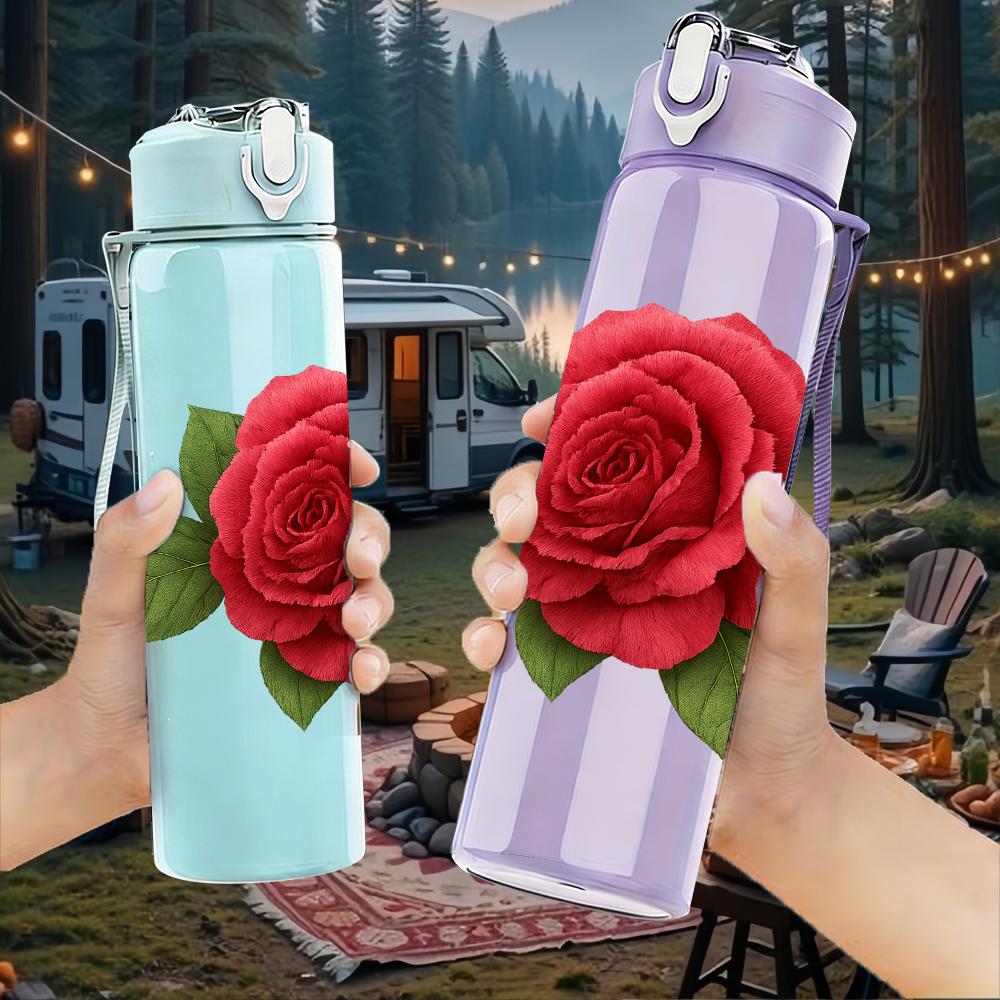 1PC Single Red Rose Bloom 750ml Color Plastic Sports Water Bottle Leakproof Flip Straw Lid For Sports Office Home Use