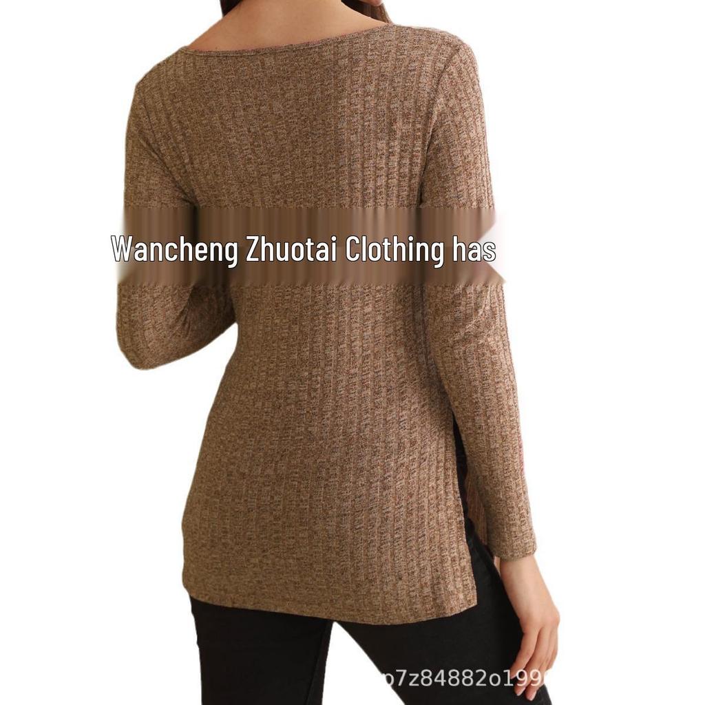 Новый бархатный топ с V-образным вырезом для беременных с разрезами - Однотонный, с длинным рукавом.