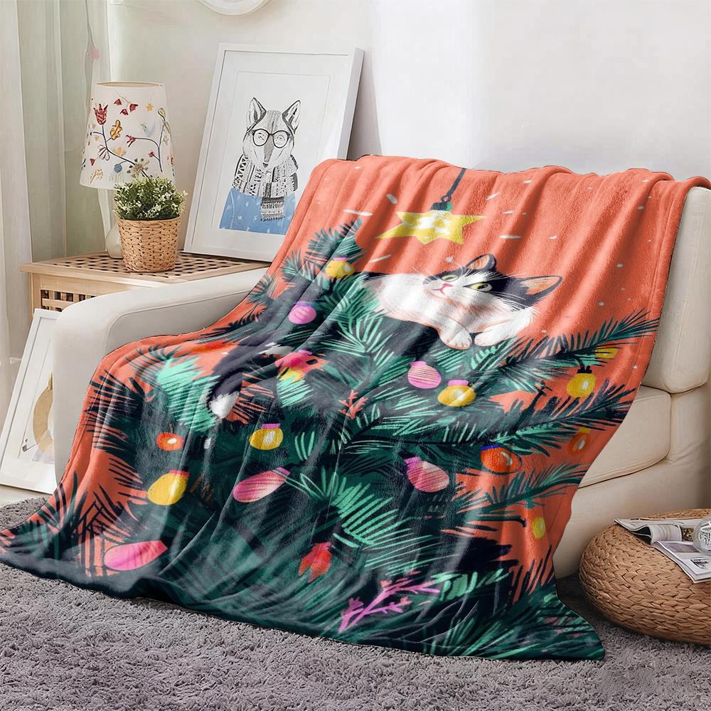 Christmas Cat in Tree with Lights Star Pattern Fleece Blanket Festive Winter Holiday Throw Blanket Soft Cozy for Couch Bed Gift